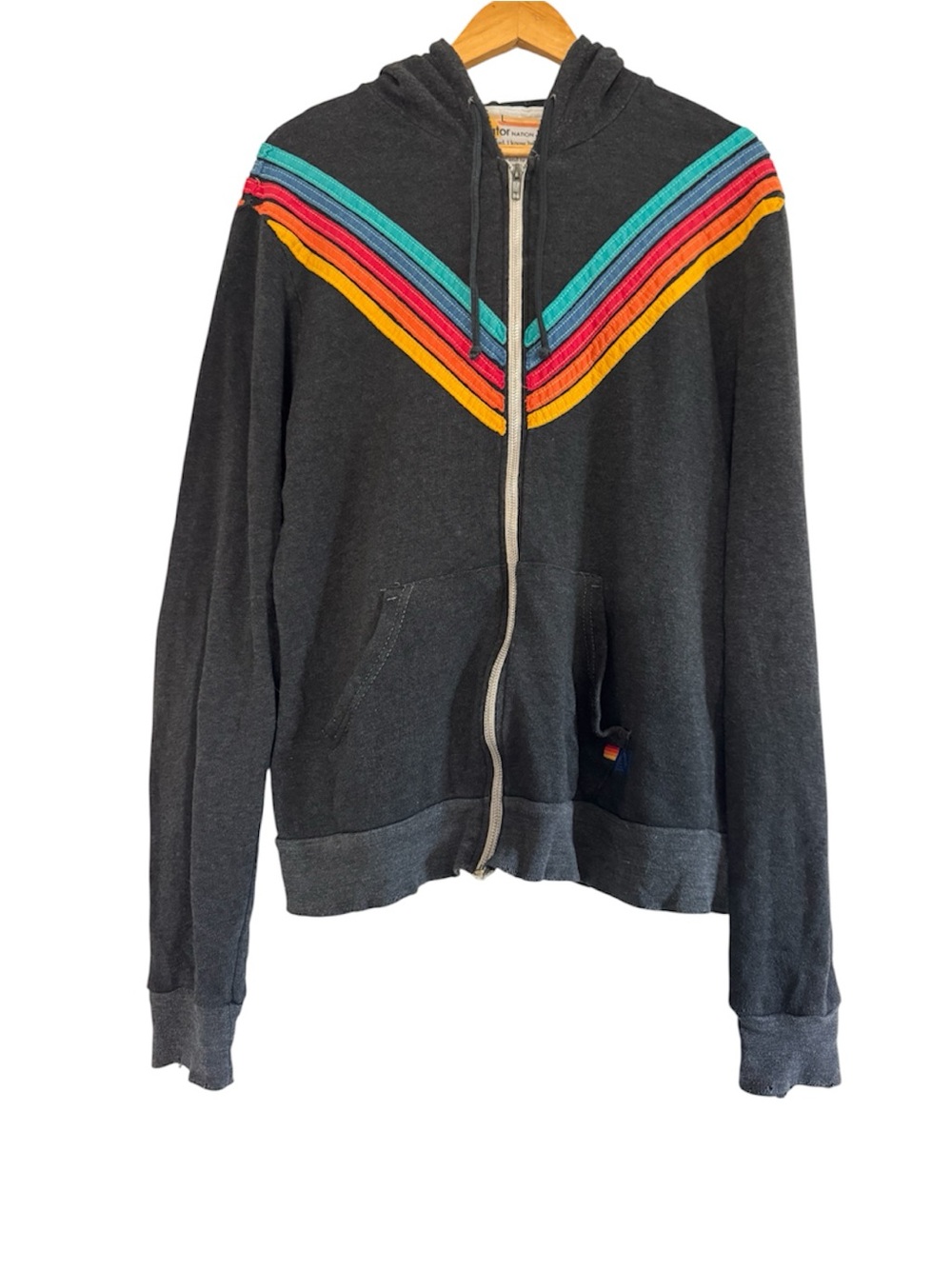 Aviator Nation Black Zip-Up Hoodie with chevron stripes